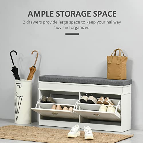HOMCOM Modern Shoe Rack Bench for Entryway, Storage Organizer with Cushion, 2 Drawers, Adjustable Shelf, Holds 8 Pairs, White - color: White