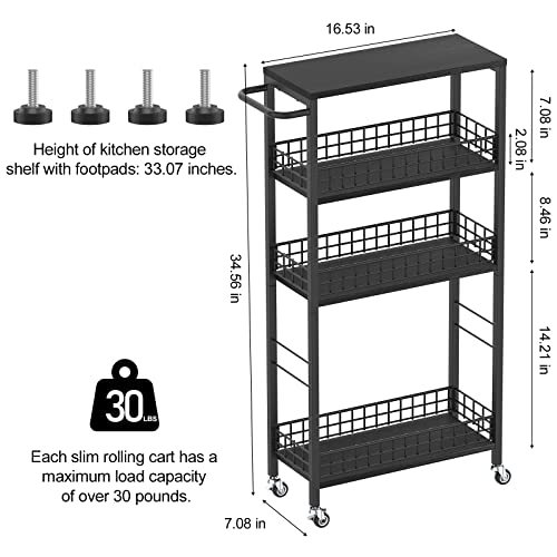 Slim Storage Cart 4 Tier Rolling Kitchen Cart Utility Serving Cart Laundry Room Narrow Cart with Handle Mobile Sheving Unit Organizer Wood Rolling Storage Cart for Bathroom Small Spaces, Modern Black - color: Black