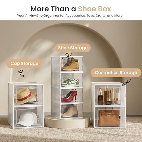 HealSmart 15-Pack Large Shoe Storage Boxes, Stackable Plastic Shoe Organizer with Lids, Large Shoe Rack & Storage Containers for Closet, Under Bed, Entryway, White