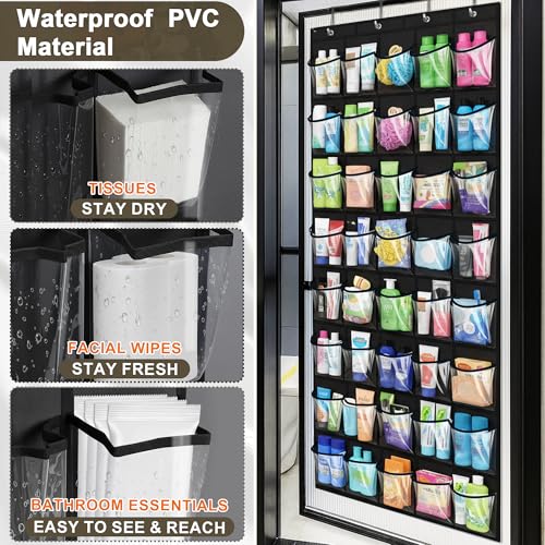 Over the Door Shoe Organizer with 40 Clear PVC Pockets – Waterproof Hanging Shoe Holder for Closet & Bathroom – Space-Saving Door Shoe Rack for Shoes, Toys, Toiletries & Snacks(Black) - color: Black