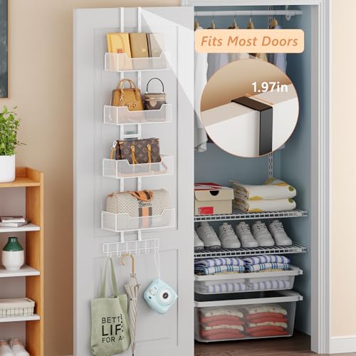 Dmevkic Purse Organizer Over the Door,Adjustable Metal Purse Holder Handbag with 5 Hooks, Purse Organizer for Closet, Bathroom Door Organizer,White - color: White