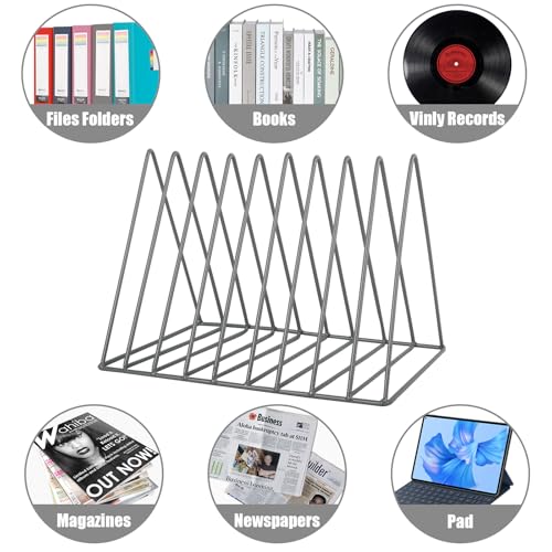 EASEPRES Vinyl Record Holder Storage, 9 Slot Metal Magazine Book Album Display Rack, Stylish Triangle Desktop File Sorter Organizer for Home Office, Grey - color: Grey