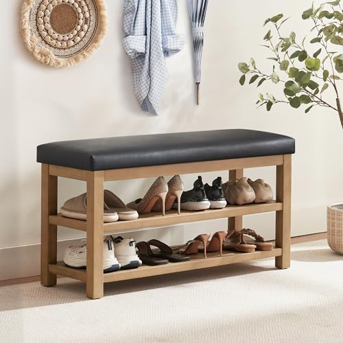 Zihanhome Shoe Rack Bench with Leather Cushion, 2 Tier Solid Wood Storage Bench, Mid-Century Modern Shoe Bench for Entryway, Hallway, Closet, Front Door Entrance, Foyer (Black, 39.4") - color: Black, size: 39.4"