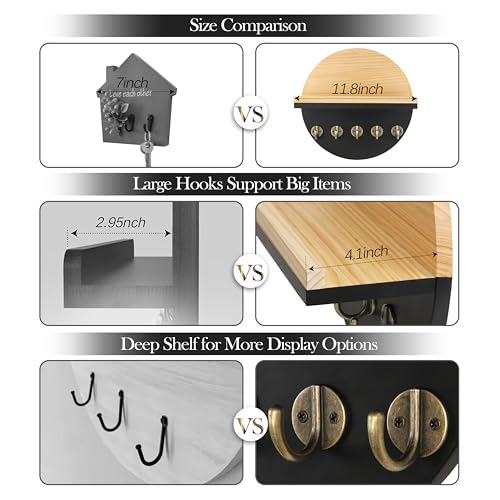 Gurfuy Key Holder for Wall with Shelf - Wood Mail Organizer and Rack with Shelf Hooks Wall Mounted for Entryway Decor Magazines Letter Storage Farmhouse Living Room Bedroom Doorway Black - color: Black
