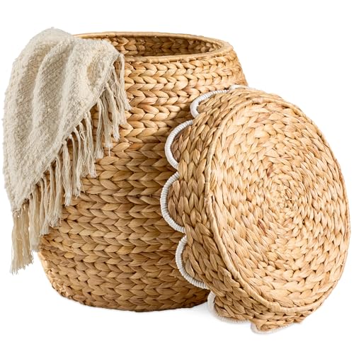 Best Choice Products Scalloped Multipurpose Hyacinth Storage Basket, Plant Décor, Handwoven Organizer Tote for Bedroom, Living Room, Nursey, w/Lid - Natural with White Trim - color: Scallop, Natural/White