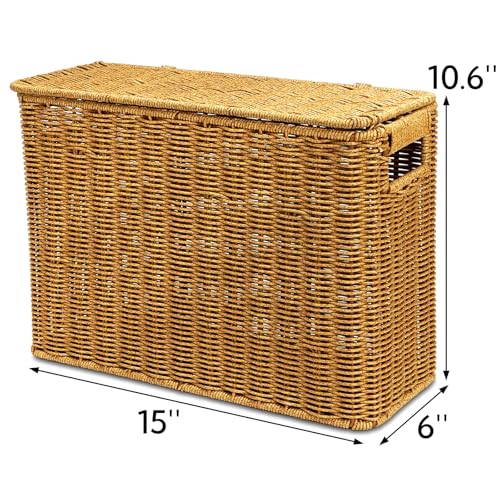Pumtus Woven Storage Basket with Lid, 3 Gallon Decorative Plastic Organizer Box with Handle, Rectangle Narrow Tall Trash Can Toilet Paper Holder, Household Container Bin for Wardrobe, Magazines, Toys