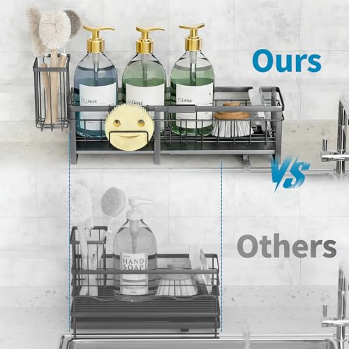Aurblozen Extra Large Extendable Sponge Holder for Kitchen Sink, Rustproof Sink Caddy Organizer with High Brush Holder, Dish Soap Dispenser Organizers and Storage (Gray) - color: Gray