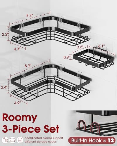 Sakugi Corner Shower Caddy - 3-Pack Shower Organizer with Soap Holder & Built-In Hooks, Rustproof Metal Shower Shelves, Laundry, Kitchen, Bathroom Organizers and Storage Solution, Large, Black - color: Black, size: Large - 3 Packs