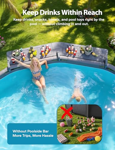 POOLHACKER Poolside Bar Extended, [Original] Swim Up Bar Exclusively for Above-Ground Round Pools. Patio Poolside Table Smart Fold Easy Maintenance, Weather Resistant Stable Tabletop - color: Grey