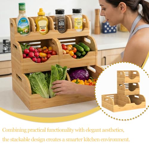 Upgraded 3 Tier Bamboo Pantry Storage Bins,Large potato storage With 2 Banana Hangers,Stackable Potato and Onion Storage Bin with Airflow Vent, Pantry Baskets, Vegetable Storage,for Kitchen Countertop