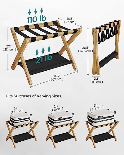 SONGMICS Luggage Rack, Bamboo Luggage Rack for Guest Room, Folding Suitcase Stand, for Hotel, Bedroom, Heavy-Duty, Holds up to 131 lb, Natural Beige URLR007N01 - color: Natural Beige, size: 1 Pack