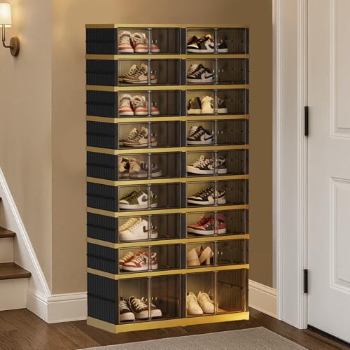 SYNCVIBE Foldable Shoe Rack Organizer - 9 Tiers 36 Pairs Shoe Shelf with Doors, Large Collapsible Shoe Cabinet, Folding Plastic Storage Boxes, Easy Assembly Shoe Storage Bins for Entryway, Black Gold - color: Black and Golden, size: 9 Tier 36 Pairs
