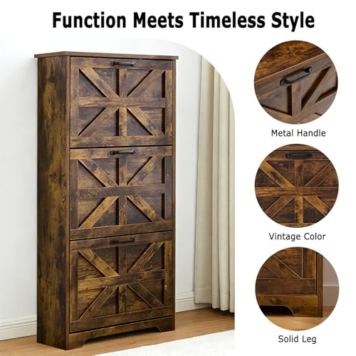 Shoe Storage Cabinet with 3 Flip Drawers, Farmhouse Shoe Organizer with Barn Door Design, Space-Saving Hidden Narrow Shoe Rack Cabinet for Entryway, Hallway & Foyer, Brown - color: Brown, size: 2 pcs-3 Flip Drawers
