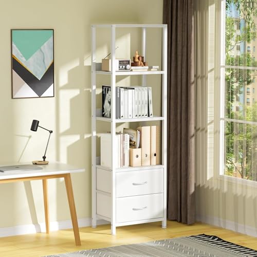 Furnulem 4-Tier Corner Shelf, Bookshelf with 2 Storage Drawers, 57.28”Tall Narrow Bookcase, Standing Shelf Organizer Unit for Living Room, Bedroom, Metal Frame, Wood Display Shelf - color: White, size: 4 Tier