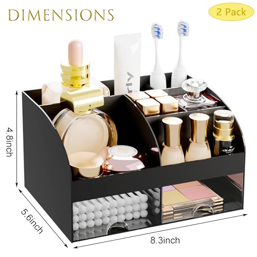 Makeup Organizer with 2 Drawers, Cosmetic Storage for Dresser Vanity and Bathroom Countertop,Make up organization and Skincare Storage with Beauty Brush Holder, Cosmetic Display Case 2Pcs Black - color: 2Pcs Black