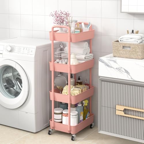 Sywhitta 4-Tier Plastic Rolling Utility Cart with Handle, Multi-Functional Storage Trolley for Office, Living Room, Kitchen, Movable Storage Organizer with Wheels, Pink - color: Pink, size: 4-tier