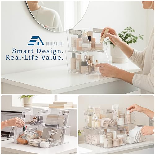HOMESTEAD Set of 4 Stackable Storage Bins, 2 Large + 2 Small Clear Plastic Organizer Bins, Open Front Design for Kitchen Pantry, Fridge, Cabinet, Bathroom Organization and Snack Storage