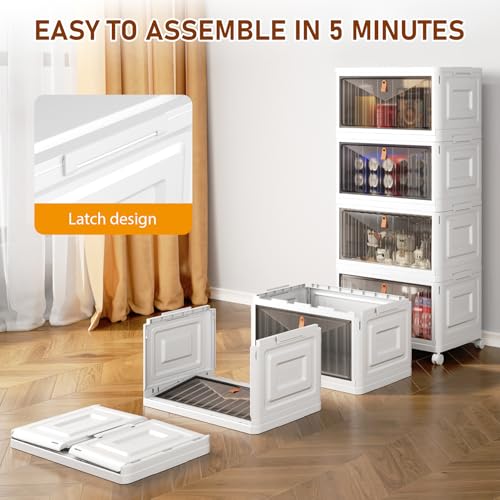 4 Tier Storage Bins with Lids, 23QT Stackable Closet Organizers and Storage with Wheels, Collapsible Storage Boxes, Foldable Plastic Storage Containers for Home,Office, Dorm Room-White - color: White