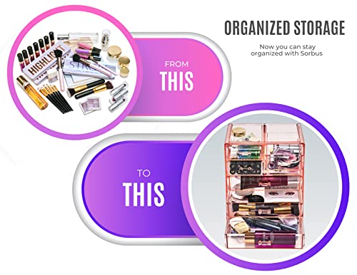 Sorbus Acrylic Makeup Organizer Set, 7-Drawer Vanity & Countertop Cosmetic Storage with Small & Wide Drawers, Pink Makeup Storage for Brushes, Lipsticks, Jewelry – Holiday Gift for Women & Teens - color: Pink, style: 3 Large, 4 Small Drawers