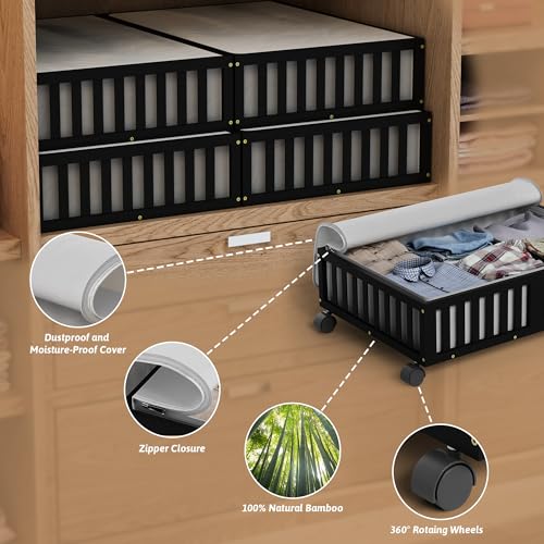 Bamboo Under Bed Storage Containers with Wheels, 2 Pack Under the Bed Shoe Storage Bins, Wood Rolling Underbed Drawers Organizer for Bedroom, Closet, Clothes Blanket Comforter and Under Crib Toy Black - color: Black, size: 2 PCS (23.62"×16.54")