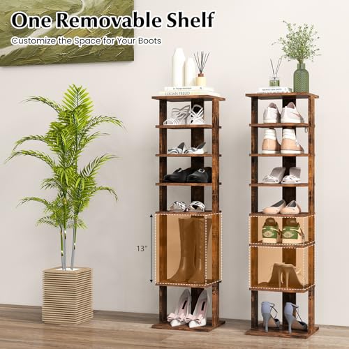 COSTWAY 8-Tier Vertical Shoe Rack, Tall Narrow Shoe Storage Organizer with Removable Shelf for Boots, Anti-Tipping Kit, Space-Saving Shoe Stand with for Small Place, Entryway, Closet (Rustic Brown) - color: Rustic Brown