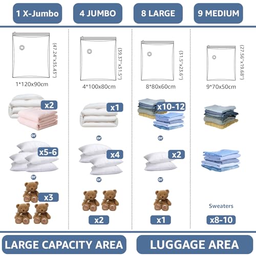 BoxLegend Vacuum Storage Bags with Electric Pump 22 Combo (1X-Jumbo, 4 Jumbo, 9 Large, 8 Medium) Thickened Vacuum Seal Bags for Clothing Space Saving for Coat Quilt Blanket Pillow Comforters - size: 22 PACK-Electric Pump