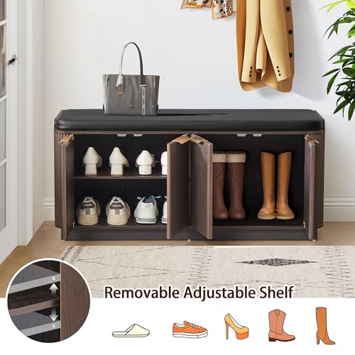 Fluted 2-Tier Entryway Shoe Bench with Doors and Adjustable Shelf, 43.3'' Wide Shoe Storage Bench with Cushion Seat for Entrance, Hallway, Living Room, End of Bed - Espresso - size: Door-espresso