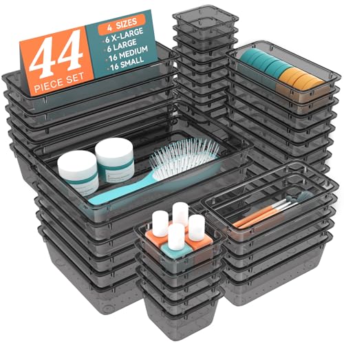WOWBOX 44 PCS Clear Plastic Drawer Organizer Set, 4 Varied Size storage Bins and Desk Drawer Organizer tool Trays for Makeup, Gadgets, Jewelry and Utensils in Bathroom, Bedroom and Office, Clear Black - color: Black