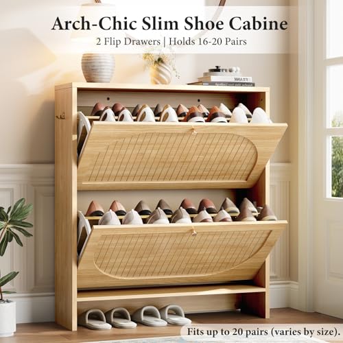 Nicetree Arch-Chic Shoe Cabinet for Entryway, Modern Mid-Century Shoe Storage Cabinet with Fluted, Narrow Shoe Rack with Adjustable Shelves & Tipping Protection, Fits Men's Size 13.5 Shoes - color: Natural Light Oak, style: 2 Flip Drawer - Fluted Arch