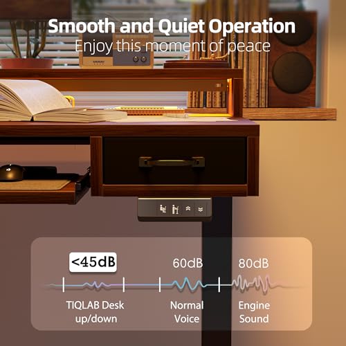 TIQLAB Standing Desk with Two Drawers, Stand Up Standing Desk Adjustable Height, Electric Sit Stand Table with Storage Shelf and Splice Board, with LED Light, 55 * 28 inch, Black Walnut - color: Black Walnut, size: 55*28 inch with keyboard tray