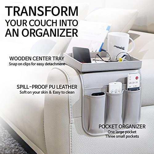 Couch Remote Caddy Control Holder Sofa Synthetic PU Leather Organizer with Detachable Tray for Recliner Chair Armrests with 4 Slots - 1 Large Pockets and 3 Small Pockets (Grey) - color: Grey