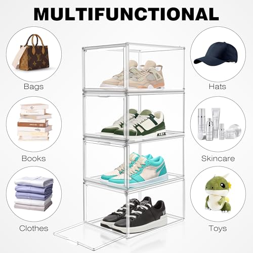 2 Pack Drop Front Acrylic Shoe Boxes with Magnetic Door Fit US Size 12, Clear Stackable Shoe Organizer for Closet, Entryway, Underbed, Multiple Display Cases for Hats, Figures, Sneakers - size: Medium Size 12