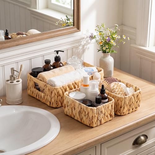 GRANNY SAYS Small Wicker Baskets for Shelves 3 Pack, Wicker Storage Baskets with Handles, Water Hyacinth Woven Basket for Organizing Counter, Toilet, Pantry, Living Room Storage - color: Narural, size: 13"L x 9"W x 4"H + 2x 7¾"L x 5¾"W x 3½"H