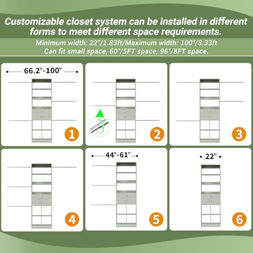 Besiost Closet System, 4-8 FT Closet Organizer Tower with 2 Wooden Drawers and Shelves, Can Fit 60 to 96 inch Walk-in Closet System with 5 Hang Rods, Built-in, Crab Green - color: Crab Green