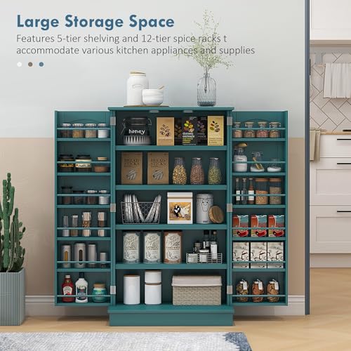 HOMCOM 41" Kitchen Pantry Storage Cabinet, Freestanding Kitchen Cabinet with 12 Door Shelves, Double Doors, 5-Tier Shelving and Adjustable Shelves, Blue - color: Blue, size: 41"H