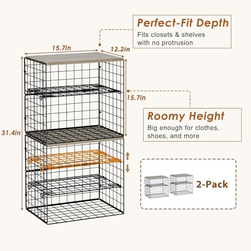 4-Tier Widened Closet Organizers and Storage, Extra Long Stackable Closet Shelf Organizer with Adjustable Dividers and Wood Top, Large Closet Storage Basket for Clothes, Jeans, Wardrobe Organization
