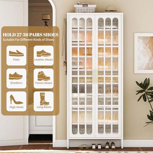 9-Tier Tall Metal Shoe Cabinet with Doors & Hooks, 67" Large Shoe Storage Organizer with Adjustable Shelves, Shoe Rack Holds 27-36 Pairs for Entryway, Hallway, Cloakroom (White) - color: White
