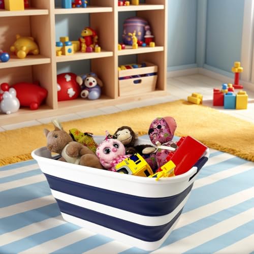 SAMMART Collapsible Plastic Laundry Basket with Handle/Foldable Pop Up Storage Hamper/Portable Laundry Organizer-Space Saving Washing Tub/Household Storage (White/Starry Blue, 27L) - color: White/Starry Blue, size: 27L