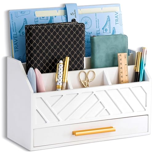 dreampossible white Wood Desk Organizer and Accessories with Drawer, Bill Mail Organizer and File Mail Holder for Office Supplies, Modern Desk Accessories & Workspace Organizers for Desk Organization - color: White A
