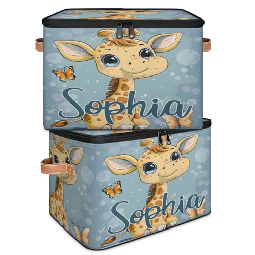 Custom Storage Basket with Name, Personalized Storage Bins with Zipper Lid, Foldable Fabric Storage Box Large capacity with Handle Butterfly Giraffe - color: Option 21
