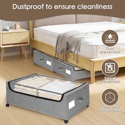 Under Bed Storage with Wheels, 4-Pack Under the Bed Storage Containers with Clear Lids & Label, Underbed Storage Bins, XXXL 85L 11 inches Rolling Metal Drawer for Clothes, Shoes, Toys, Books - Gray - color: Gray-4Pack, size: 11 inch-height