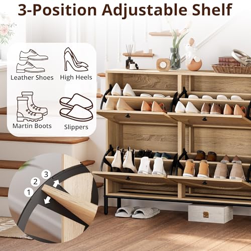 IRONCK Rattan Shoe Cabinet Storage with 4 Flip Drawers, Freestanding Shoe Storage Organizer Cabinet for Entryway, Narrow Shoe Rack Cabinet, Oak - color: Oak