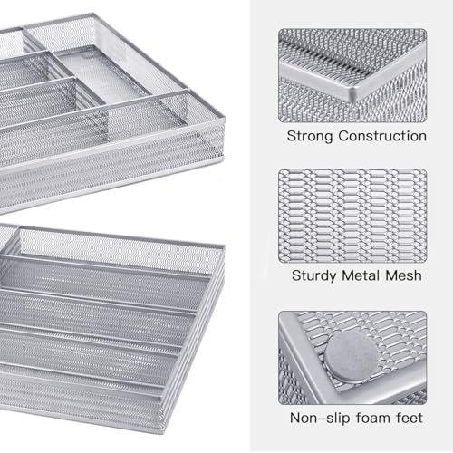 Neudeco Drawer Organizer Set 6 Pack - 5-Compartment Silverware Organizer Tray + 5 Utensil Trays, Kitchen Drawer Organizer for Flatware, Cutlery, Office Supplies, Silver Mesh, Non-Slip - color: Silver-6L pack