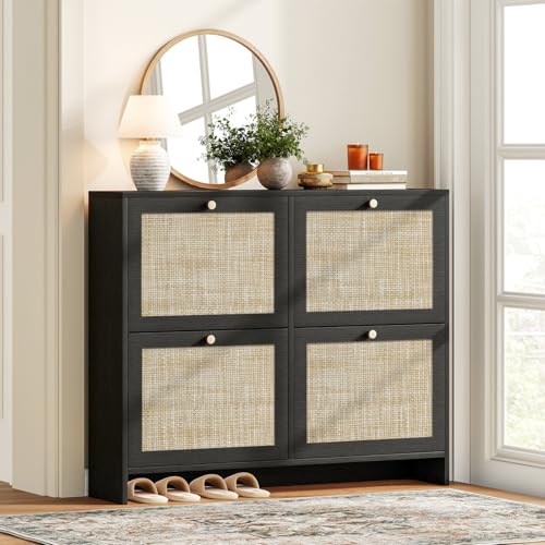 Nicetree Shoe Cabinet Storage for Entryway, 4-Flip Drawer Narrow Shoe Rack with Adjustable Shelves, Boho Modern Square Rattan Shoe Organizer, Slim Wood Storage Cabinets for Small Spaces Fits Size 13.5 - color: Black, style: 4 Flip Drawer - Classic Cane