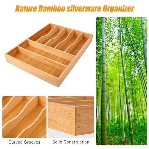 Bellsal Bamboo Silverware Drawer Organizer, Kitchen Utensil Drawer Organizers, 12"x15.7" Utensils Holder Cutlery Tray with Grooved Drawer Dividers for Kitchen Flatware Bedroom Office(7 Slot, Natural) - color: Nature, size: 7 Slots