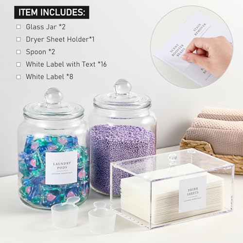 Glass Jars and Dryer Sheet Holder, Dispenser Set with Lids and Labels, Containers for Laundry Room Organization and Storage, Half Gallon Airtight Glass jars, Acrylic Storage Box for Laundry supplies, - color: Clear