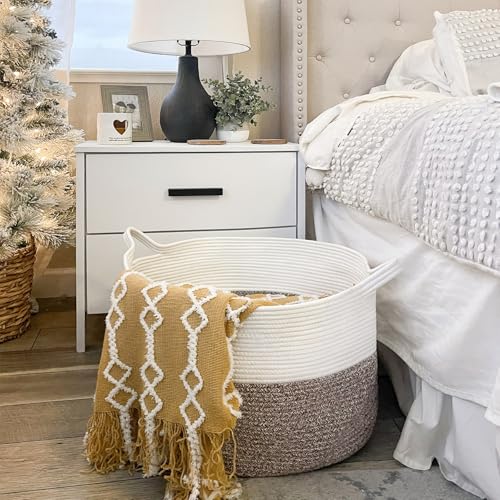 INDRESSME XXXLarge Blanket Basket for Living Room 21.7" x 21.7" x 13.8"-Storage Basket with Handle for Organizing Toy Pillows Woven Cotton Rope Laundry Basket Stuffed Animal Toy Storage for Play Room - color: White & Brown, size: 21.7"D x 13.8"H