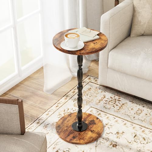 Wood Drink Table, Round Side Table for Small Spaces, Pedestal End Table Modern Accent Nightstand for Living Room, Bedroom, Office, Sofa Corners, Rustic Brown - color: Rustic Brown, size: 1-Tier