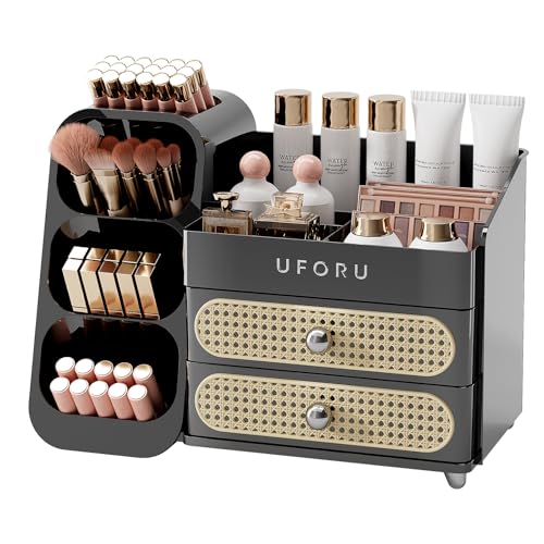 Makeup Organizer for Vanity with Brush Holder, Large Plastic Bathroom Countertop Skincare Organizer with 2 Drawers, Spacious Cosmetic Display Case for Perfumes, Eyeshadow Palettes, Nail Polishes - color: Black Rattan Weaving, size: Large
