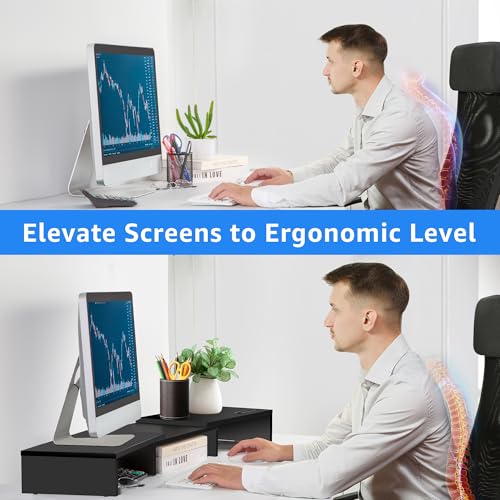 La Jaco Dual Monitor Stand Riser for 2 Monitors, Monitor Stand for Desk, Adjustable Length & Swivel Angle Wooden Desktop Organizer Stand Riser with Smartphone Holder for PC Monitor Laptop, Black - color: Black